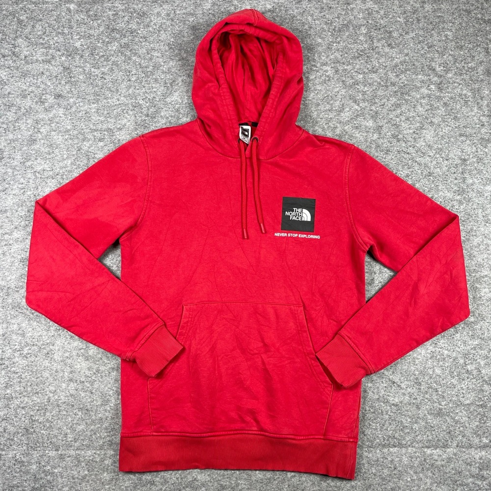 The North Face Hoodie Mens M Red Fine Box Pullover Never Stop Exploring Fleece